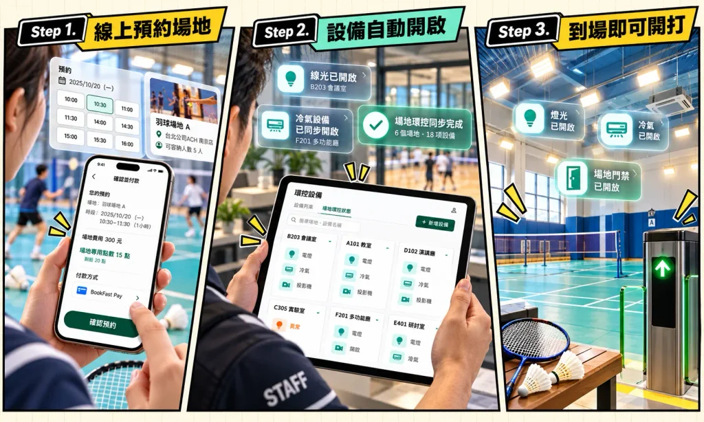 BookFast 運動場館環控系統串聯場租預約、付款、排程規則與設備管理